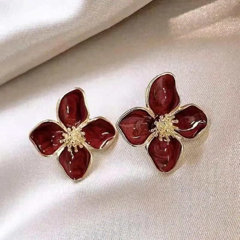 Hibiscus Dropped Glaze Flower Stud Earrings for Women Girl French Ins Vintage Fashion Korean Wedding Romantic Jewelry Gifts