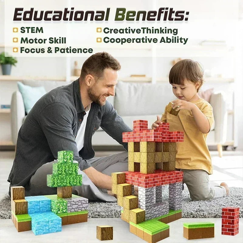 Magnetic Building Blocks Mine World Montessori Educational STEM Sensory Toy for Magnet Cube Kids Boys Girls Ages 3+ DIY Toy Gift