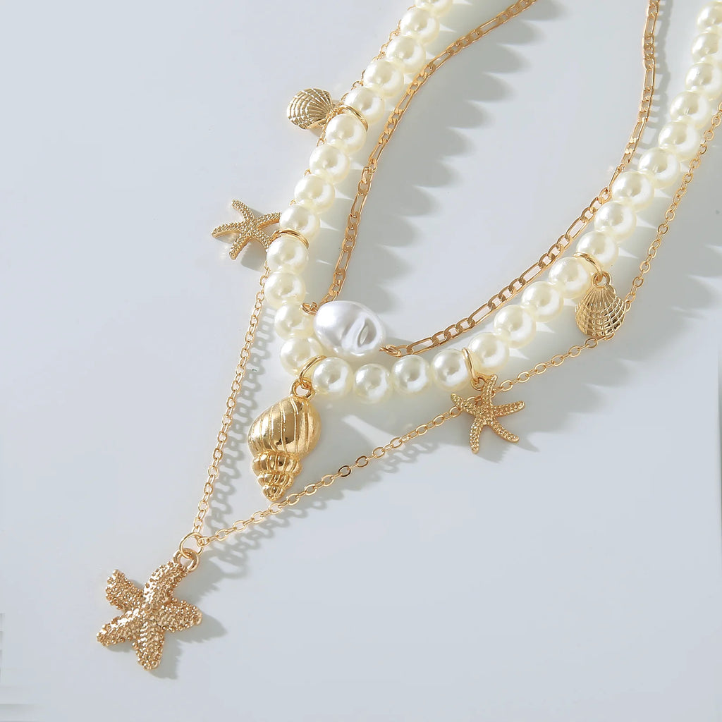 MHS.SUN Summer Shell Starfish Conch Pendant Necklace for Women Bohemian Metal Gold Color Chic Beach Jewelry Vacation Party Gift