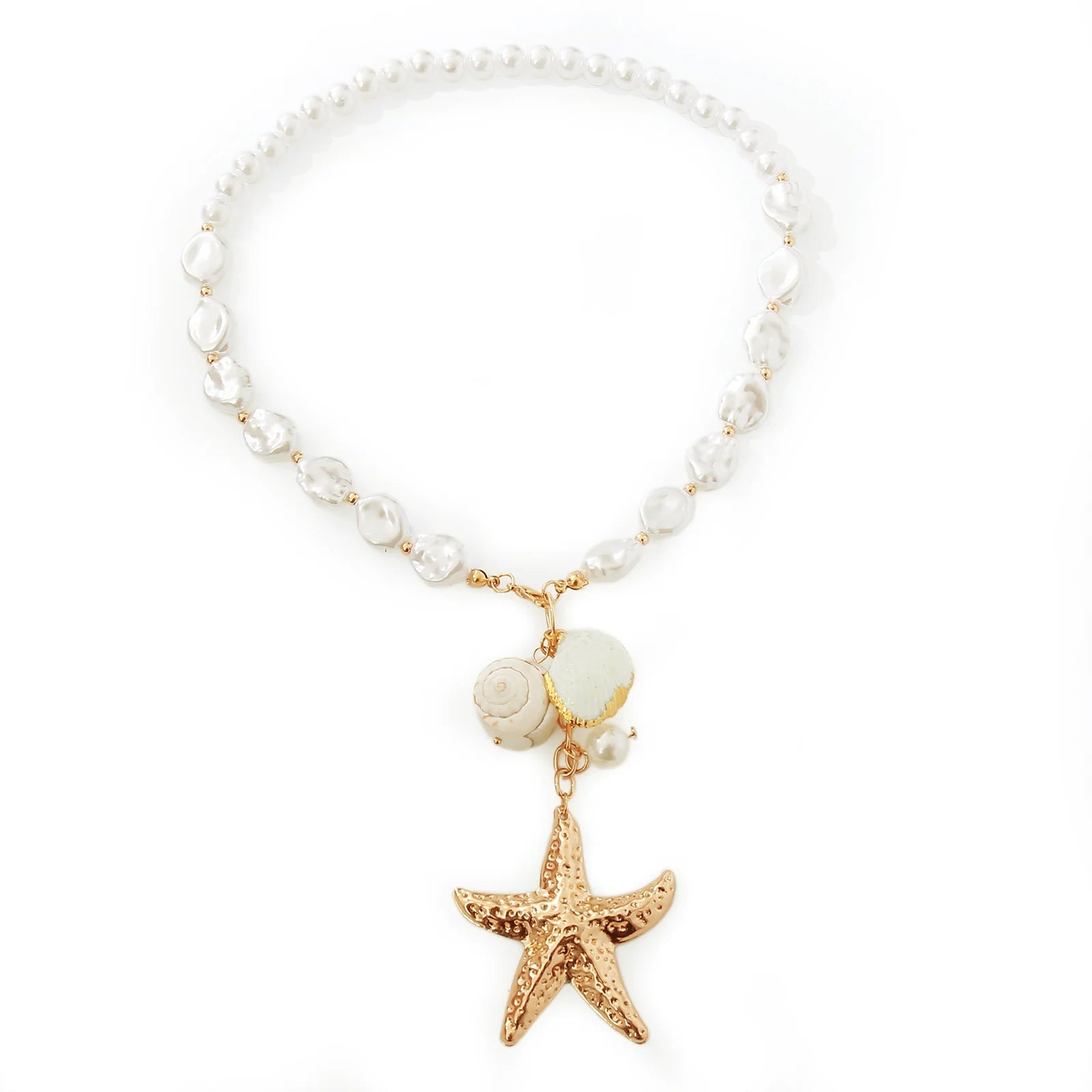 MHS.SUN Summer Shell Starfish Conch Pendant Necklace for Women Bohemian Metal Gold Color Chic Beach Jewelry Vacation Party Gift