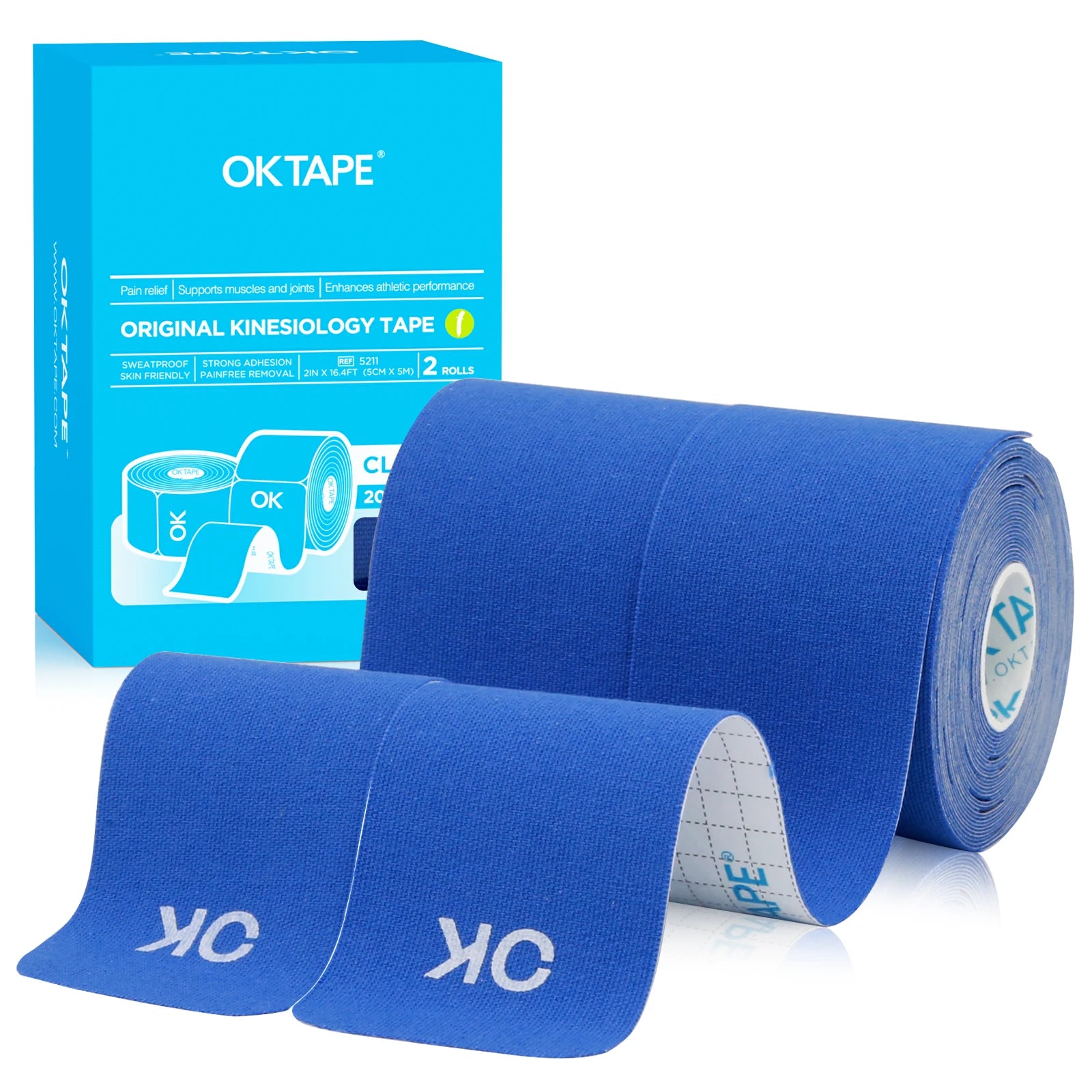 2 Rolls OK TAPE Updated Kinesiology Tape, New Packaging 5cm x 5m, 25cm Precut 20 Strips, Cotton Elastic Athletic Tape Latex Free