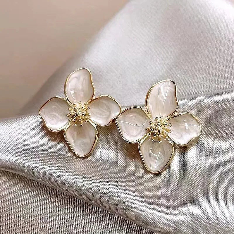 Hibiscus Dropped Glaze Flower Stud Earrings for Women Girl French Ins Vintage Fashion Korean Wedding Romantic Jewelry Gifts