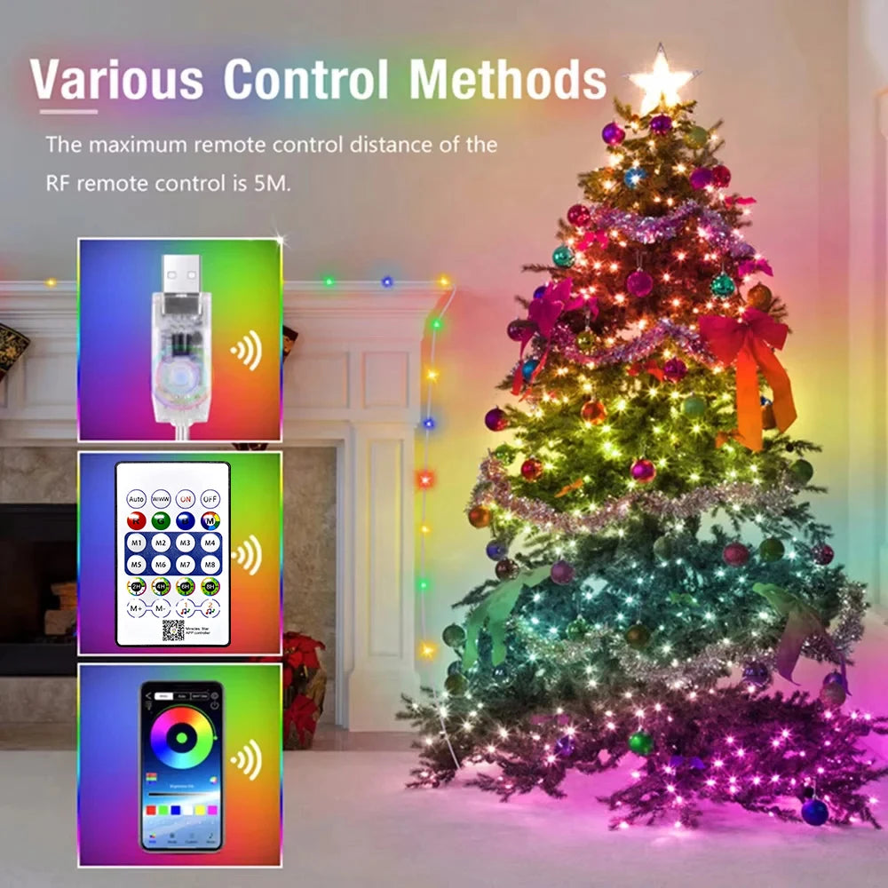 String LED Bluetooth Fairy Lights Dreamcolor RGBIC DIY Party Christmas Tree Lights Wedding Decor Garland USB Lamp 15M/10M/5M/2M