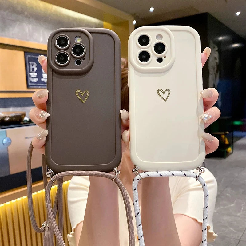 Crossbody Love Phone Cases for IPhone 17 16 Pro Max 15 14 13 12 11 With Lanyard Silicone Back Cover