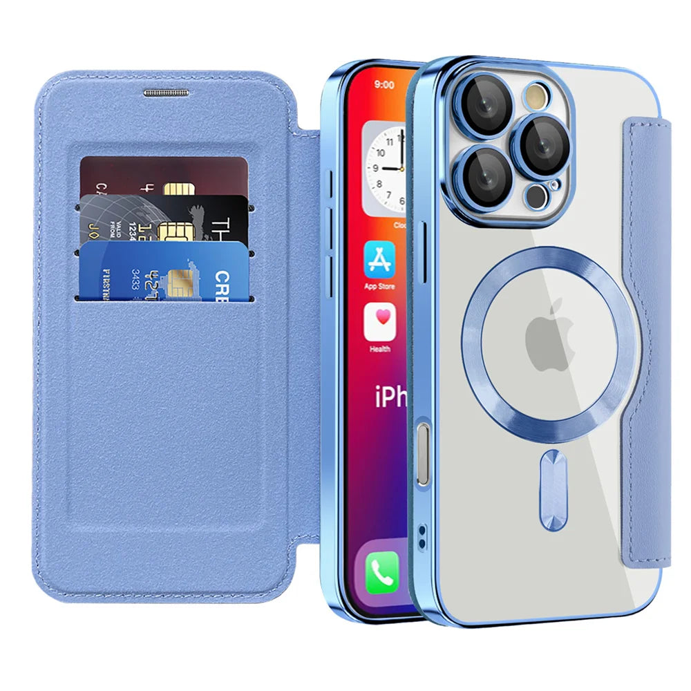 Luxury Transparent Flip Leather Wallet Magnetic Phone Case For iPhone 15 16 17 Pro Max 14 13 12 11 Card Bag For Magsafe Cover