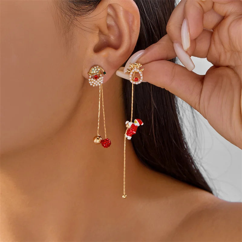 New Design Moving Santa Claus Tassel Dangle Earrings for Women Christmas Tree Snowflake Asymmetric Long Earring New Year Jewelry