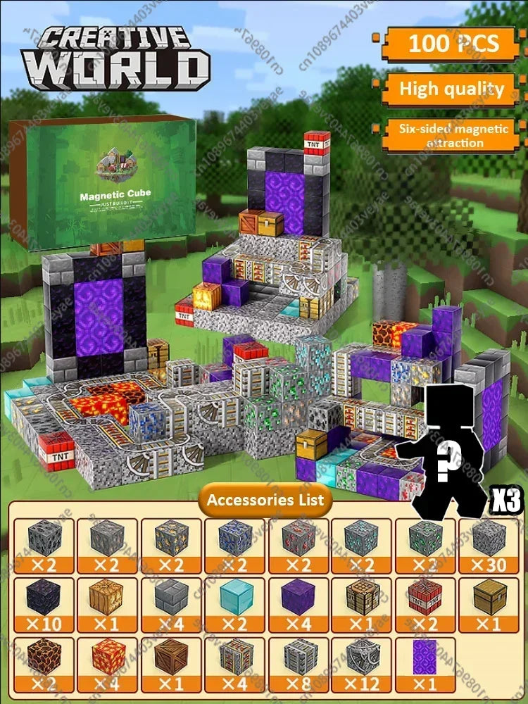 Magnetic Building Blocks Mine World Montessori Educational STEM Sensory Toy for Magnet Cube Kids Boys Girls Ages 3+ DIY Toy Gift