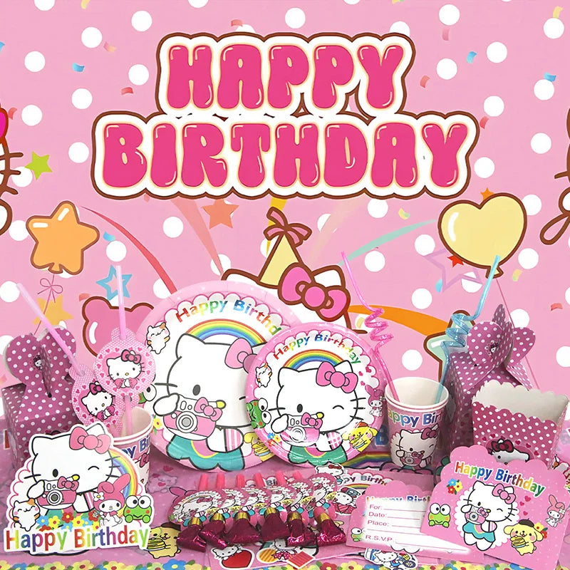 Hello Kitty Birthday Party Decoration Cartoon Cat Kids Aluminum Foil Balloon Disposable Tableware Banner Child Event Supplies