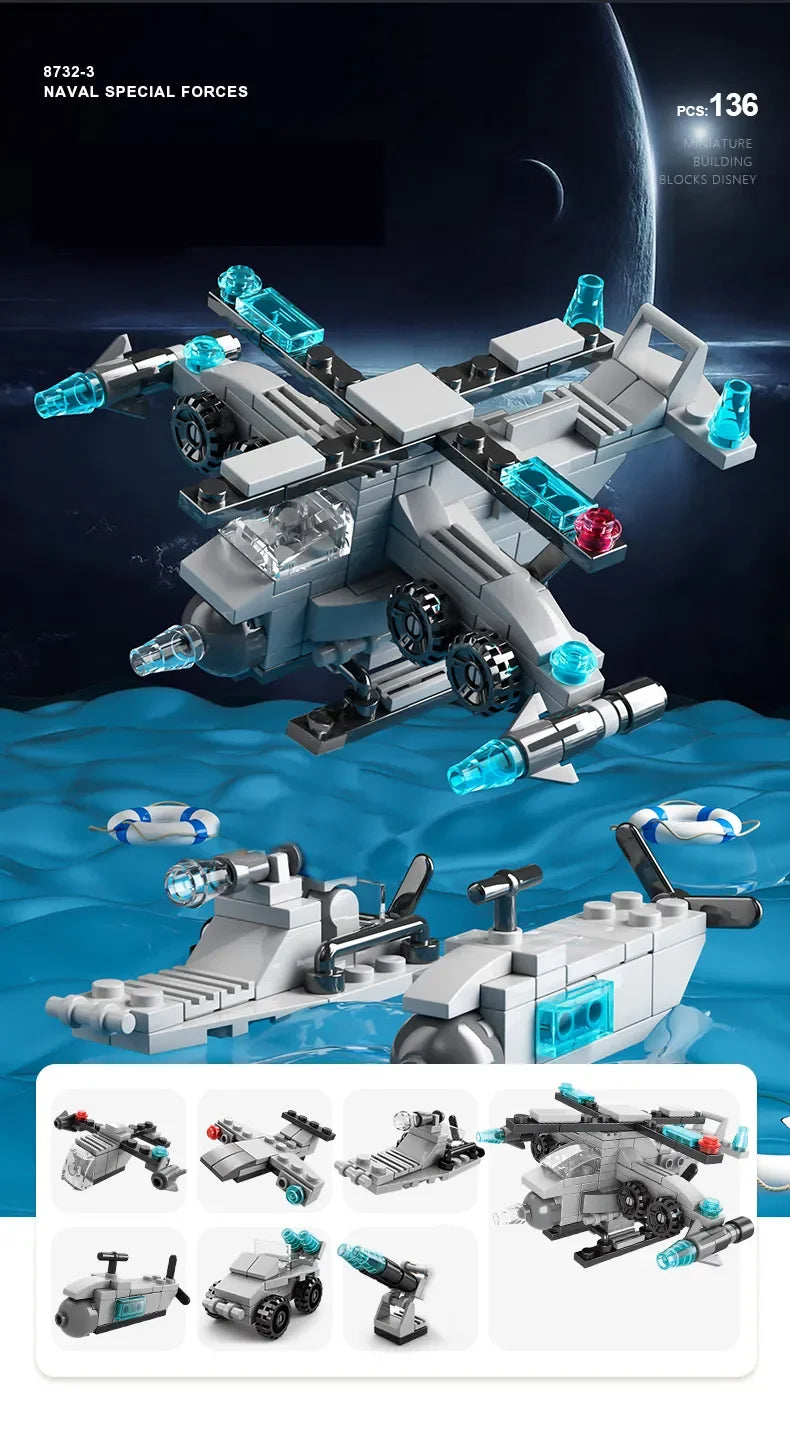 6IN1 Building Blocks City Fire Car Police Truck Engineering Crane Tank Helicopter Bricks Set Toys for Children Kids