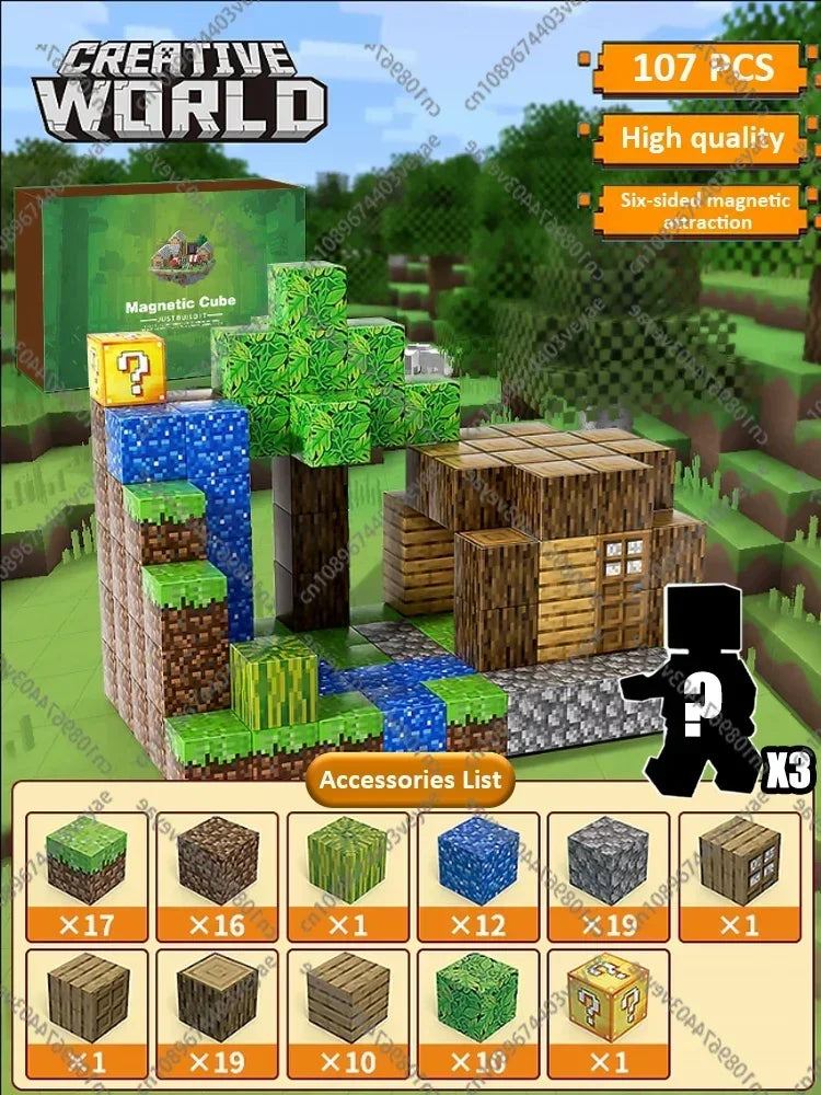 Magnetic Building Blocks Mine World Montessori Educational STEM Sensory Toy for Magnet Cube Kids Boys Girls Ages 3+ DIY Toy Gift