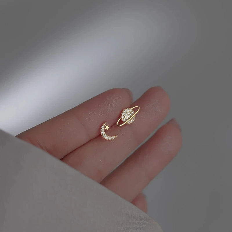 Simple Fashion Zircon Star Moon Mini Earrings for Women Cute Korean Planet Asymmetric Ear Studs Piercing Earrings Jewelry Gifts