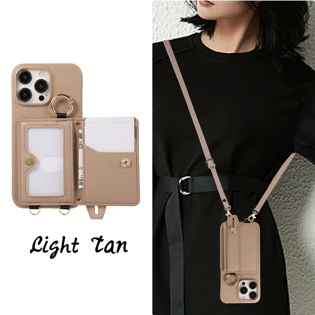 Luxury Shoulder Leather Card Pocket Wallet Case For iPhone 11 12 13 14 15 16 17 Pro Max Plus Purse Phone Cover Wrist Strap Stand