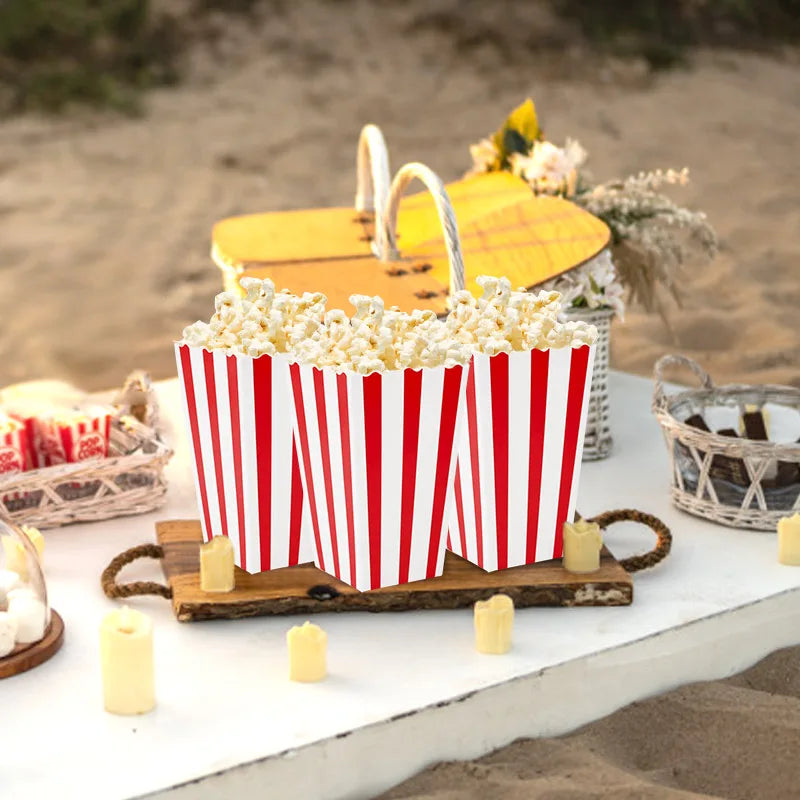 10Pcs Popcorn Paper Boxes Buckets Red White Stripes Bags Snack Containers For Movie Night Birthdays Carnival Party Supplies