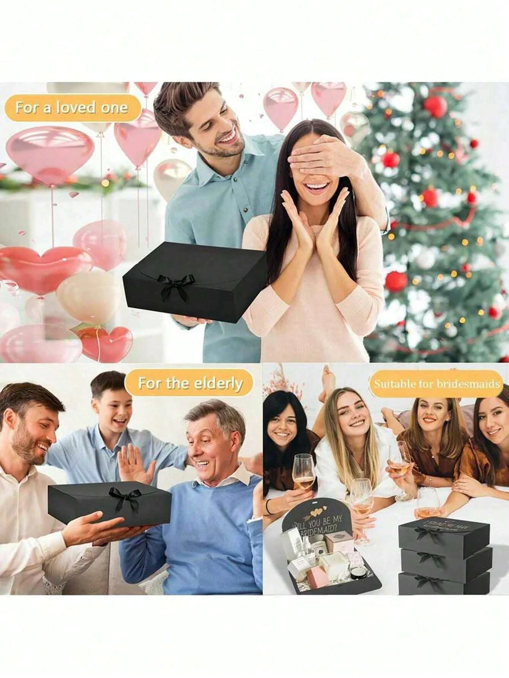 4pcs-Black Gift Box With Lid Bridesmaid Proposal Box with Ribbon Groomsmen Proposal Box Present Packaging Box Wedding Boxes