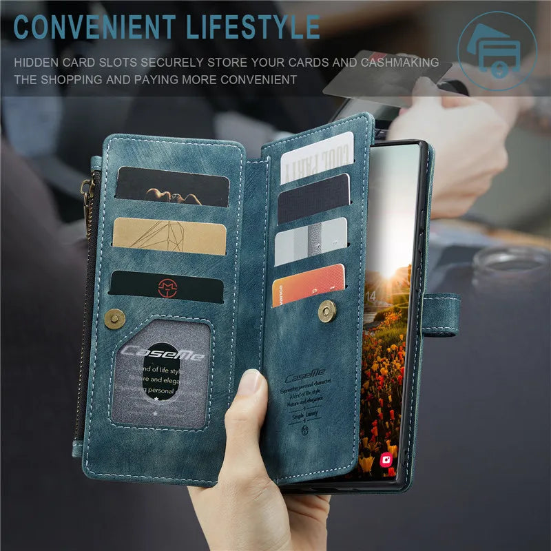 Flip Leather Phone Case For Samsung Galaxy S25 Edge S24 Ultra S23 FE S22 S21 S20 Plus Note 20 A16 A56 Zipper Wallet Card Cover
