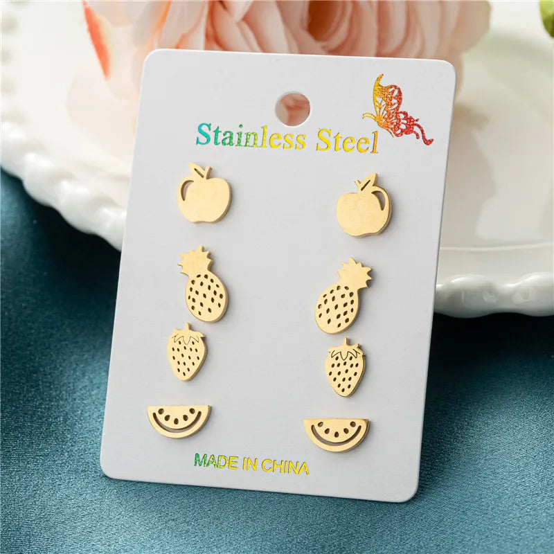 4Pairs/Lot Fashion Stainless Steel Star Moon Stud Earrings Sets for Women Small Flower Porker Dog Earings Jewelry Gift Wholesale