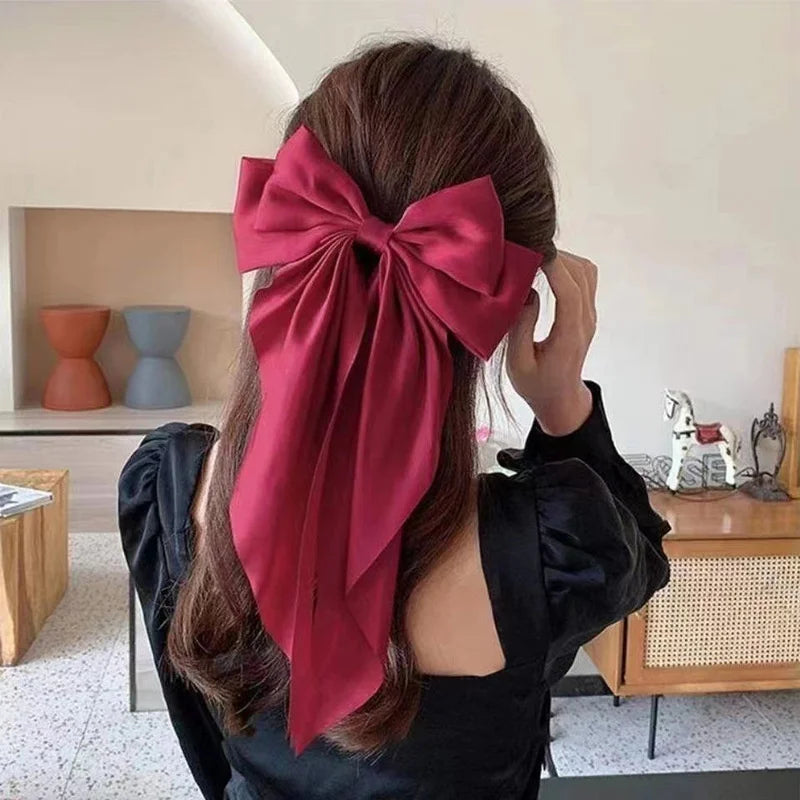 Chiffon Bow Hair Clip Women Large Bowknot Stain Hairpin Barrettes Girls Solid Color Ponytail Clip Hair Accessories Headwear Gift